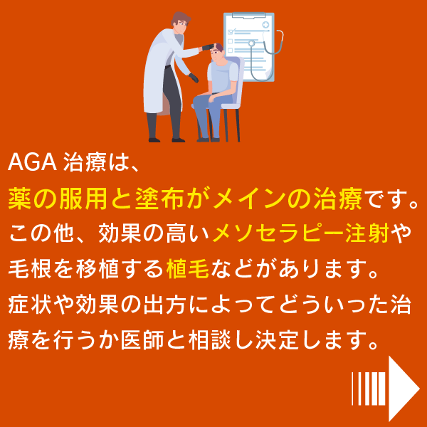 AGA治療は投薬治療がメイン。この他メソセラピー注射や植毛などがあります。